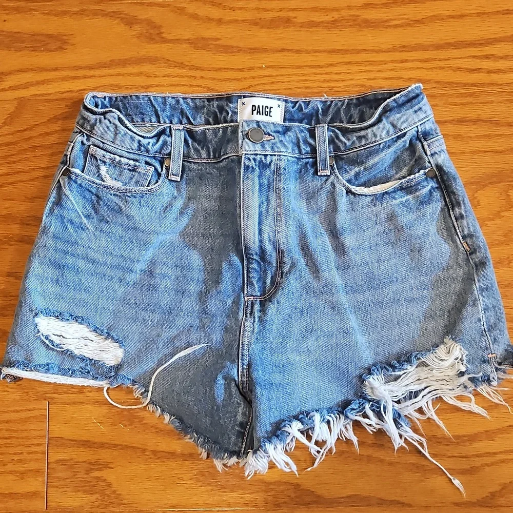 PAIGE Blue Distressed Jean Shorts - Picture 3 of 8